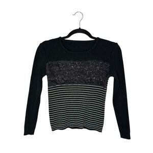 Vtg Striped Knit Sweater Women’s Medium Black Lace Sequin Stretch Hipster Y2K